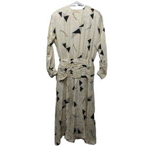 Vtg Relin of San Francisco 100% Silk Ivory Black 80s Geo Secretary Dress 7/8 💰